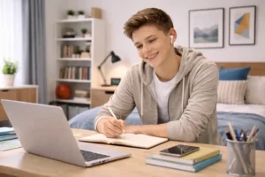Teen student e-learning at home, taking notes with laptop, earbuds, and textbooks on desk