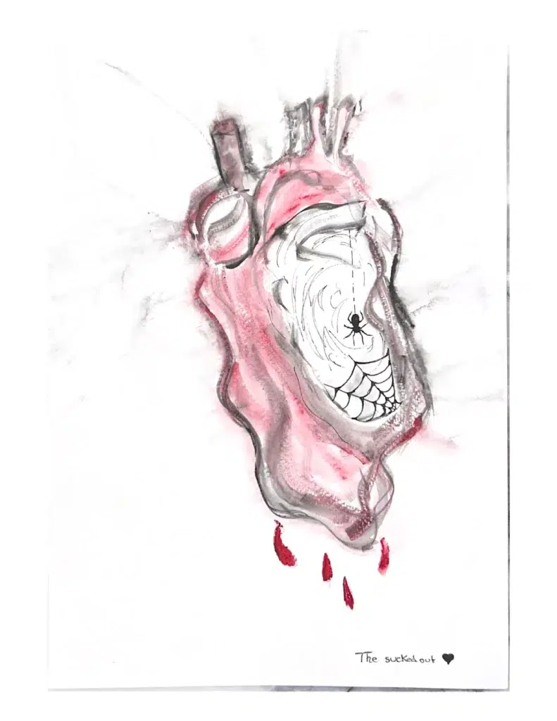 Surreal watercolor of an anatomical heart with spider and web, bleeding drops