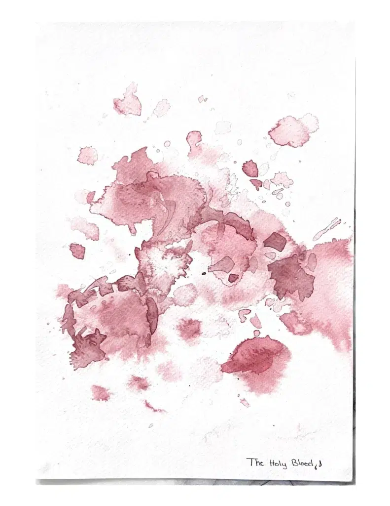 Abstract crimson watercolor and red ink splatter on textured paper artwork
