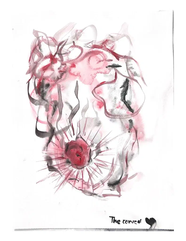 Abstract red and black watercolor painting with a central burst, expressive ink lines, and soft washes on white