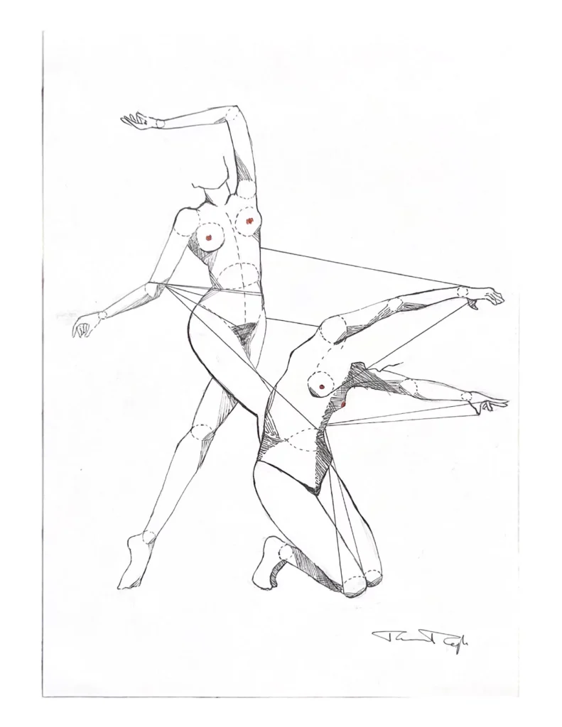 Abstract ink line drawing of two faceless female figures in dynamic, geometric poses