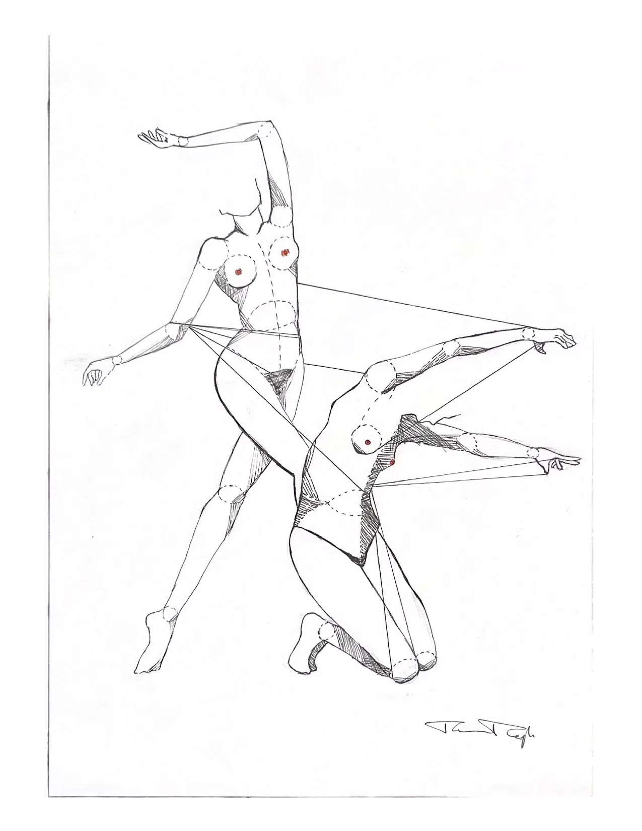 Abstract ink line drawing of two faceless female figures in dynamic, geometric poses