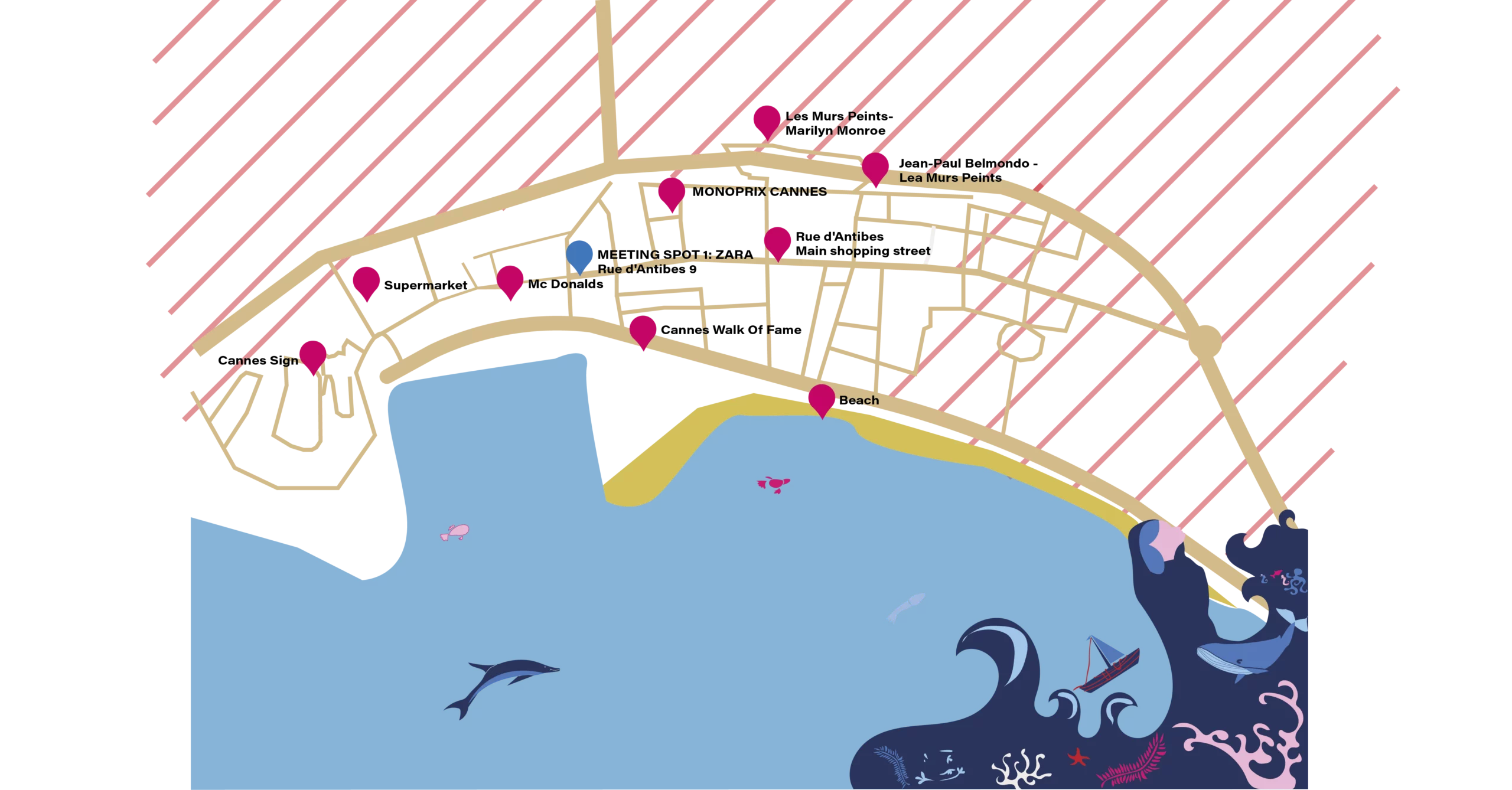 Illustrated coastal city map showing beach promenade, streets and ocean icons with location pins